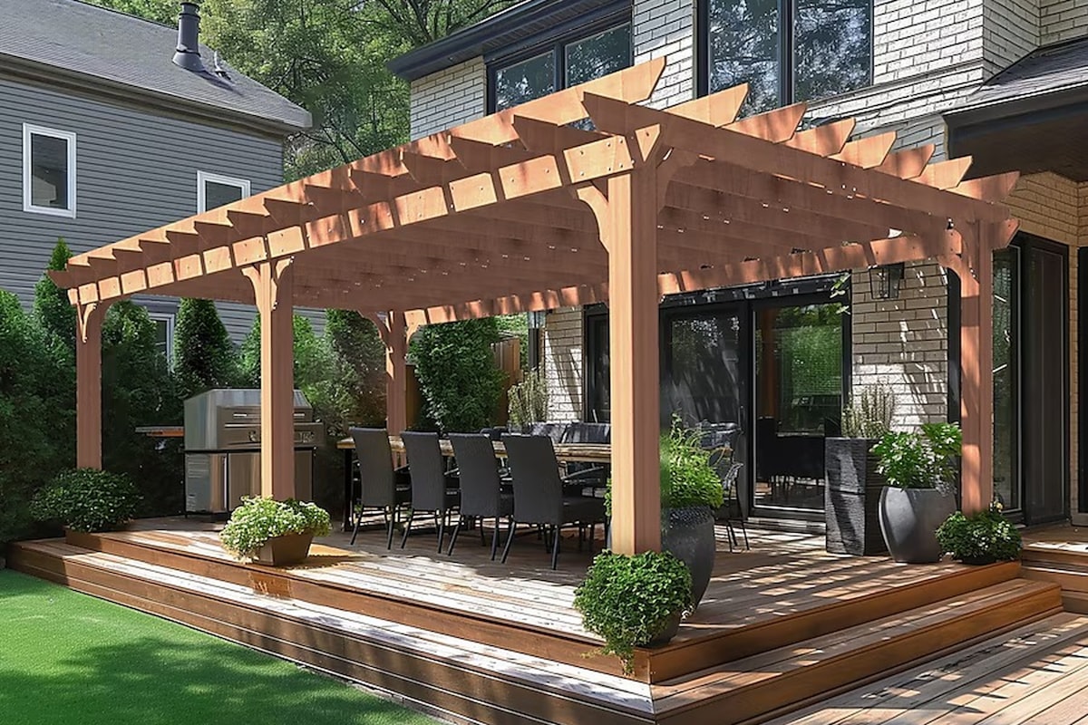Wooden pergola covering an outdoor dining area with a grill